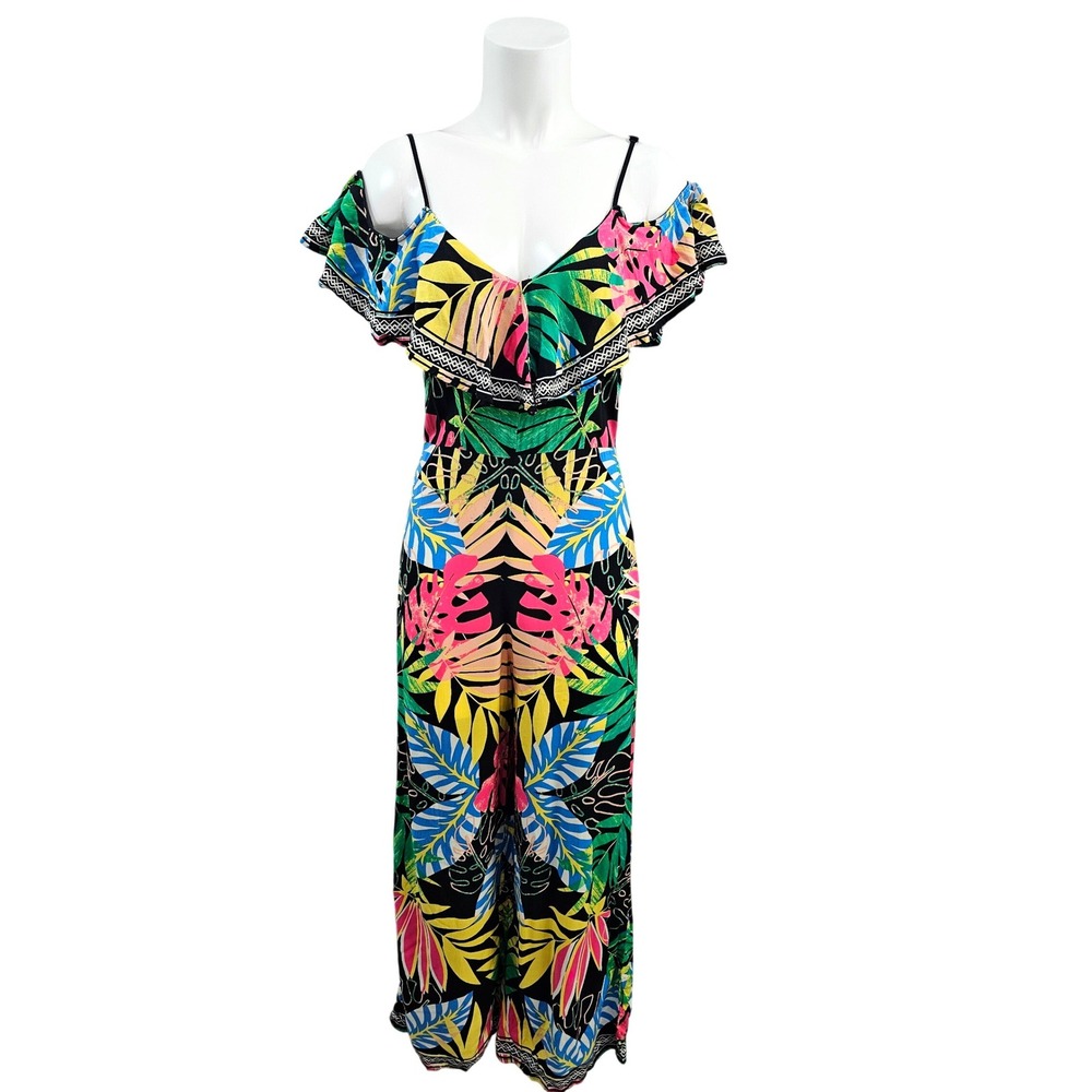 Flying Tomato Tropical Leaf Print Cold Shoulder Ruffle Jumpsuit Wide Leg Medium
